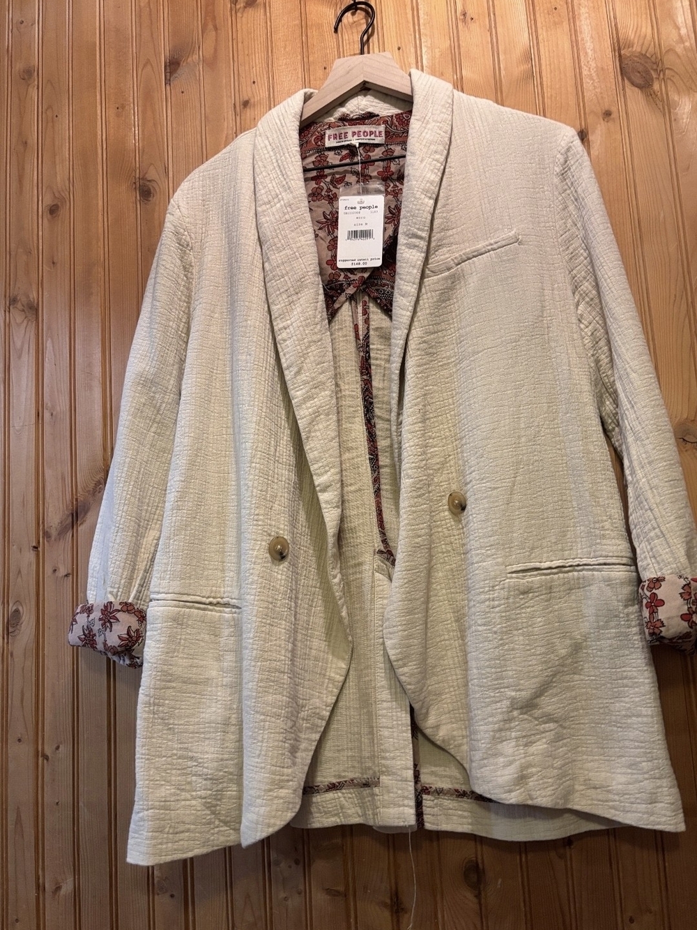 Free People Cream Textured Double-Button Blazer with Floral Trim
